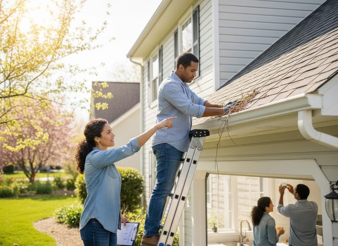 Couple cleaning gutters on their house