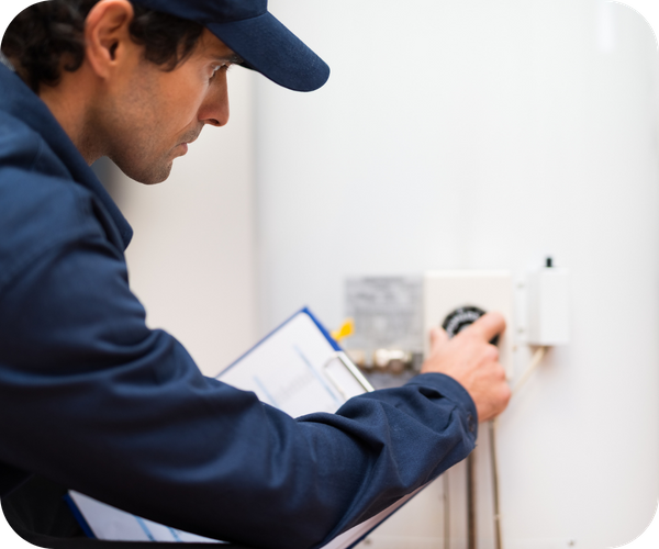 Technician in a blue uniform and cap adjusting a control on a water heater or boiler with a clipboard in hand.