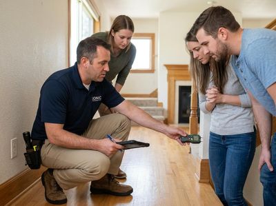 Home inspector showing moisture levels to a young couple