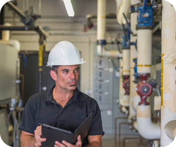 Male inspector in a white hard hat and black shirt holding a tablet, looking at industrial pipes and valves. Male inspector in a white hard hat and black shirt holding a tablet, looking at industrial pipes and valves.