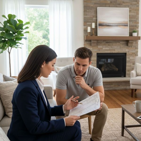 A real estate agent points to a pricing sheet while talking with a satisfied homeowner A real estate agent points to a pricing sheet while talking with a satisfied homeowner