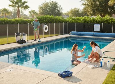 Family doing pool maintenance and water testing