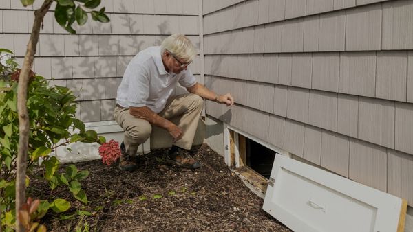 inspector looking at exterior of wall