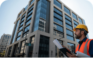 Commercial inspector in a hard hat and safety vest holding blueprints, standing in front of a modern commercial building.