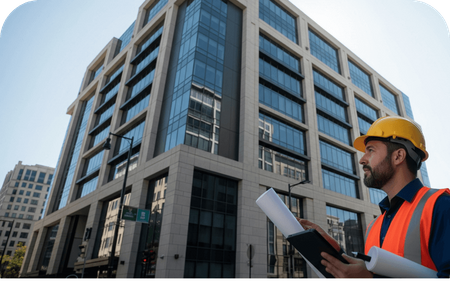 Commercial inspector in a hard hat and safety vest holding blueprints, standing in front of a modern commercial building.