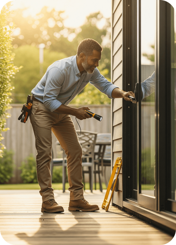 Home inspector examining a door frame with a flashlight during an inspection. Home inspector examining a door frame with a flashlight during an inspection.
