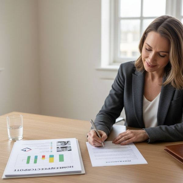 Home seller confidently signing sale documents with a clear-cut report on the desk. Home seller confidently signing sale documents with a clear-cut report on the desk.