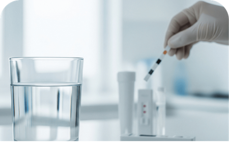 Hand in a white glove holding a water test strip over a clear glass of water, with a water testing kit in the background.