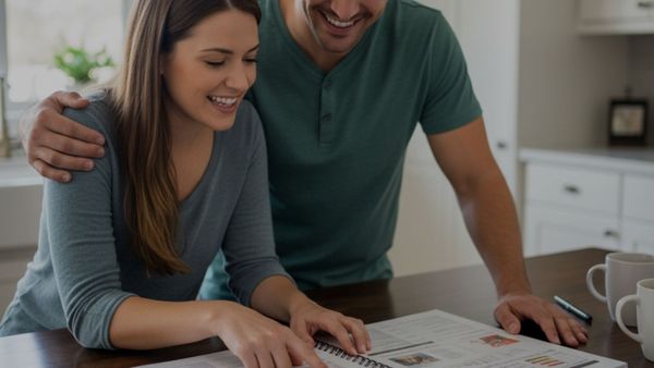 Happy couple reviewing a printed inspection report on their kitchen island. Happy couple reviewing a printed inspection report on their kitchen island.