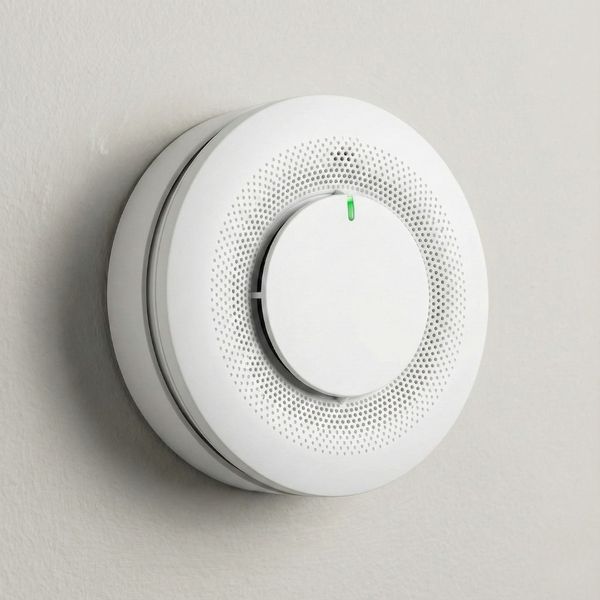 A modern smoke detector with a green power light indicator, mounted on a wall.