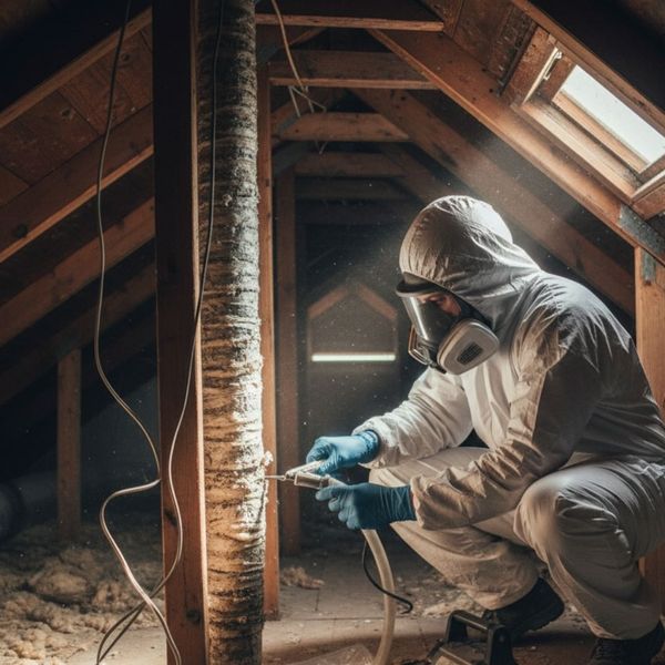 A technician performing an asbestos test in the attic of a residential home A technician performing an asbestos test in the attic of a residential home