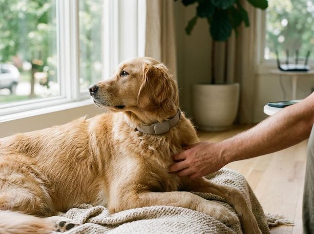 Golden Retriever with Smart Collar Petted by Window