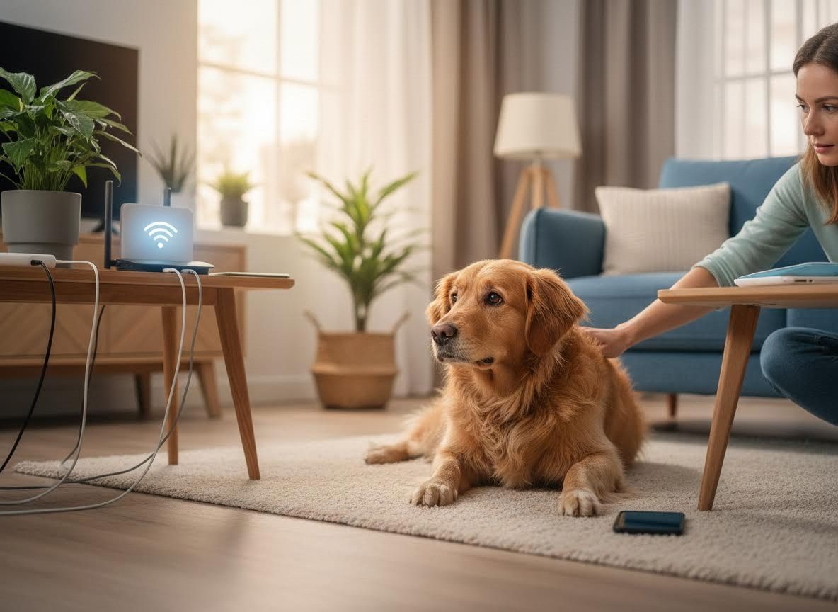 Golden Retriever in living room with Wi-Fi router