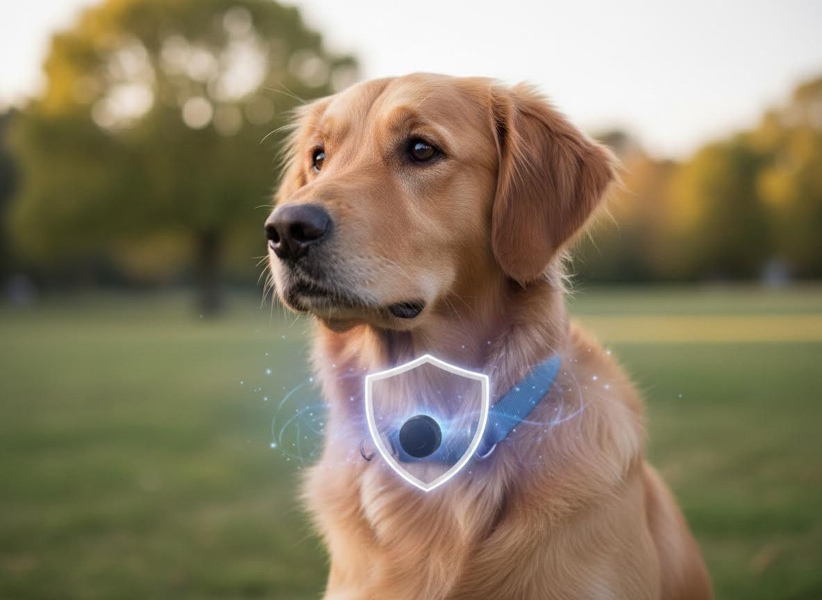 Golden Retriever with Digital Pet Tracking Shield