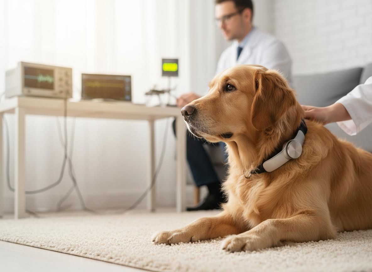 Golden Retriever with monitoring collar at a veterinary clinic