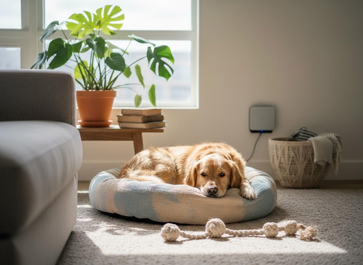 Golden Retriever Resting in Sunny Living Room