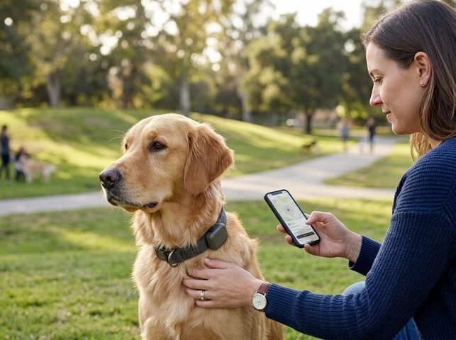 Woman with Golden Retriever and GPS Tracker in Park