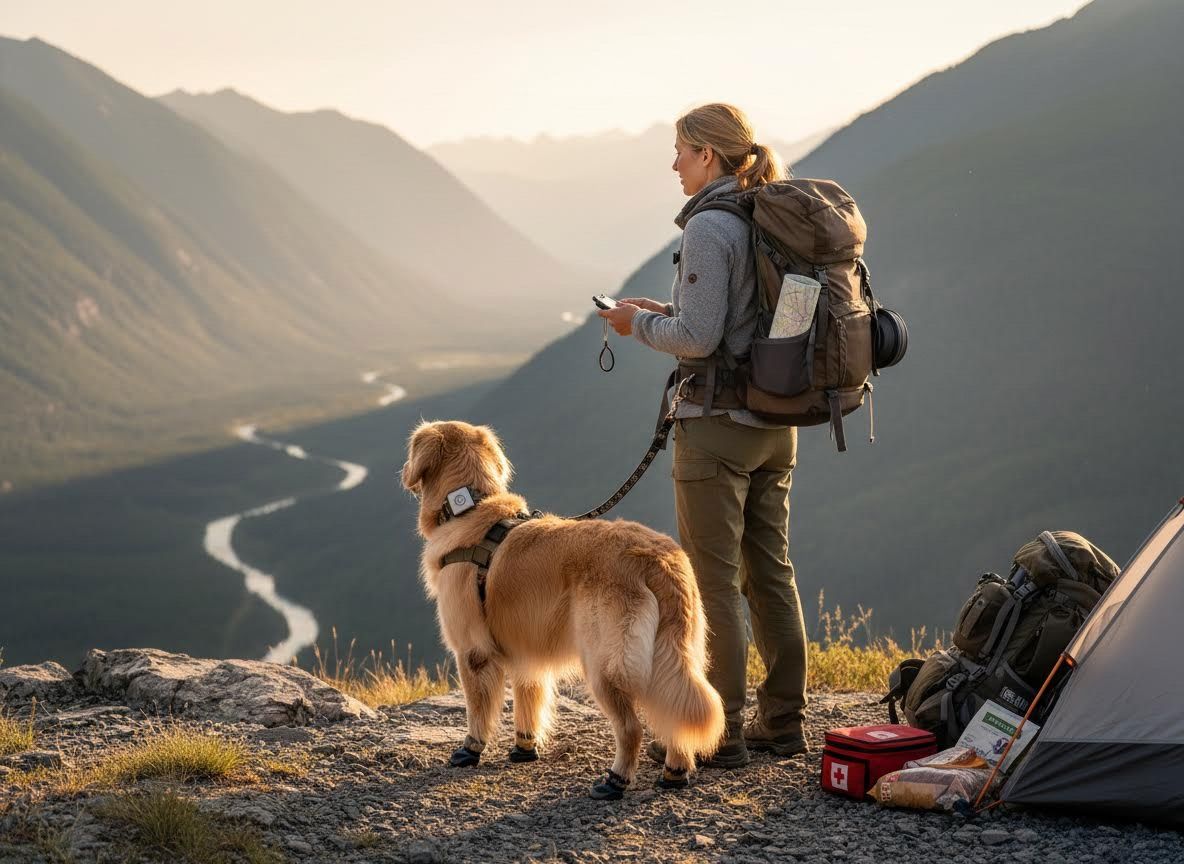 Woman and Golden Retriever on a mountain ridge overlooking a river valley