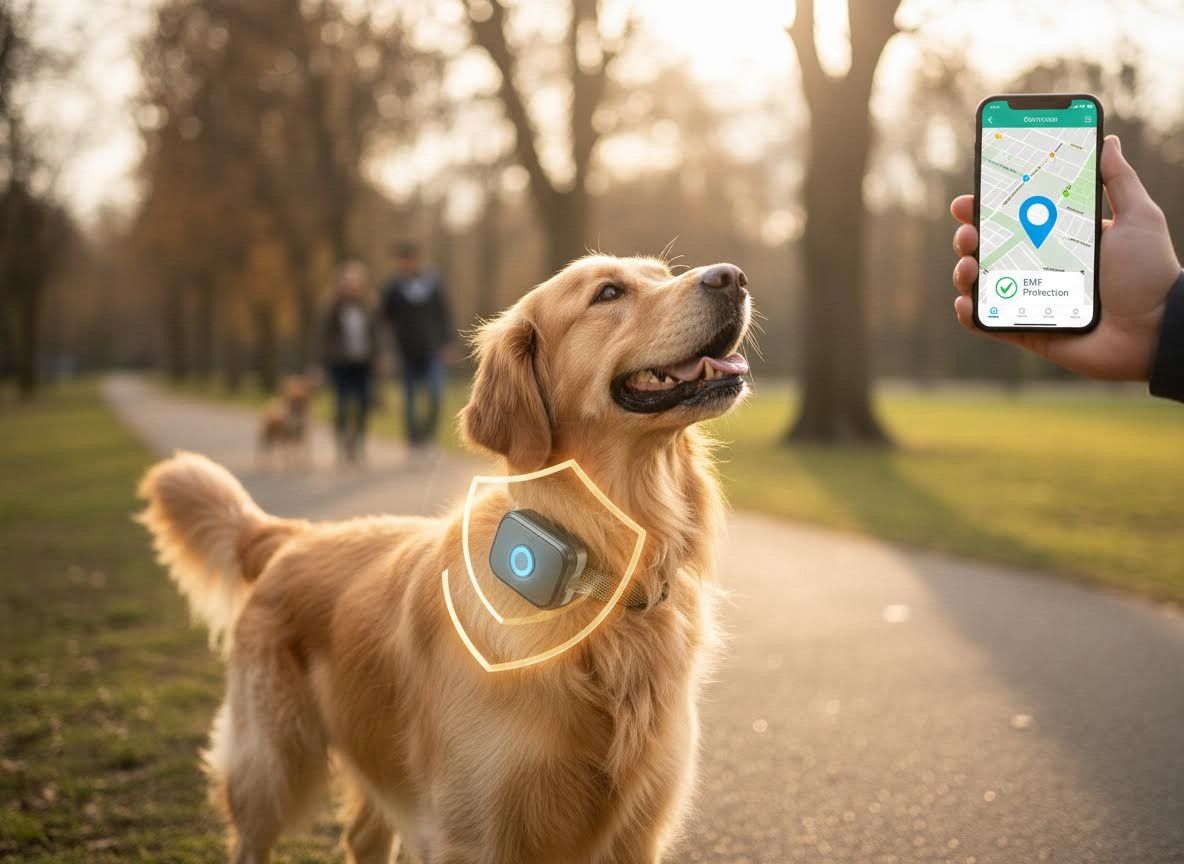 Golden Retriever with Pet Tracker and Smartphone App