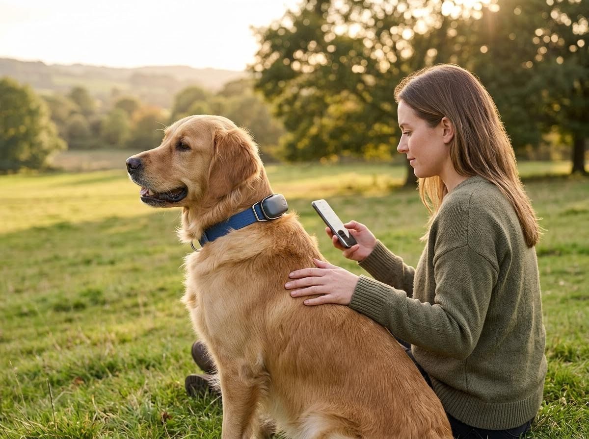 Woman petting Golden Retriever wearing a smart collar in a sunny field