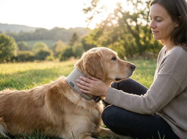Golden Retriever with Owner Wearing a Padded Collar in a Sunny Field
