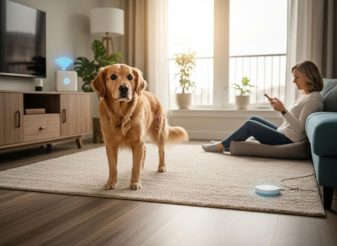 Golden Retriever and Woman with Smart Home Devices