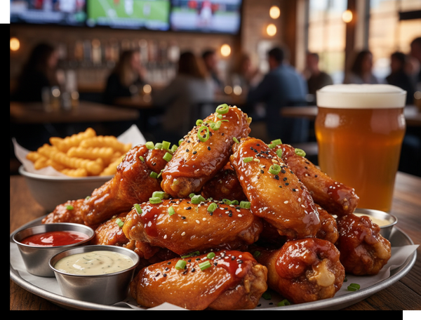 a plate of saucy wings in a bar with a beer and fries