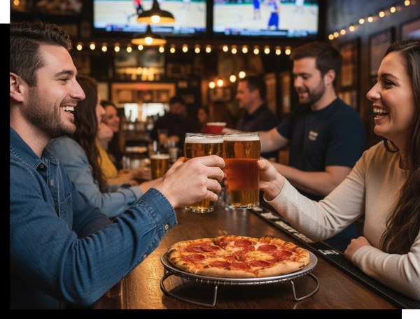 two customers cheersing beers over a pepperoni pizza