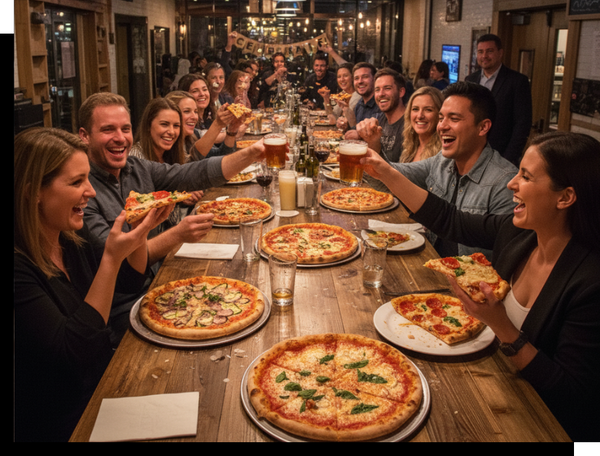 A large group of smiling friends and family celebrating a party at a long wooden table, enjoying multiple pizzas, drinks, and toasting, with TVs in the background showing sports.