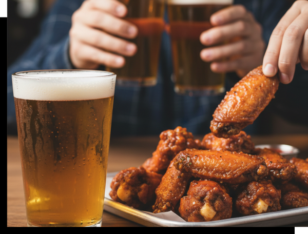 A lively scene at a bar with a focus on food and drink. In the foreground, a tall glass of beer with a foamy head sits beside a metal platter piled high with saucy chicken wings. In the blurred background, two people are seen clinking glasses of beer in a