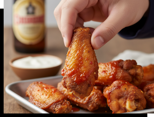 A close-up shot of a hand picking up a single, perfectly sauced jumbo chicken wing from a metal platter. The wing is coated in a vibrant reddish-orange sauce, with more sauced wings visible on the tray below. In the soft-focus background, a beer bottle and