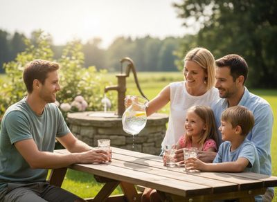 A happy family with two adults and two children at a picnic table. A woman pours lemonade into glasses in a sunny garden. Family enjoying refreshing drinks outdoors