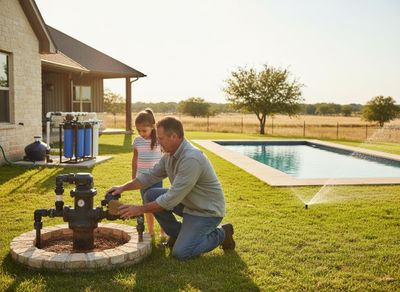 A man and young girl clean an outdoor water pump in a sunny backyard with a swimming pool, house, and water filtration system in the background. Father and daughter maintaining outdoor water system