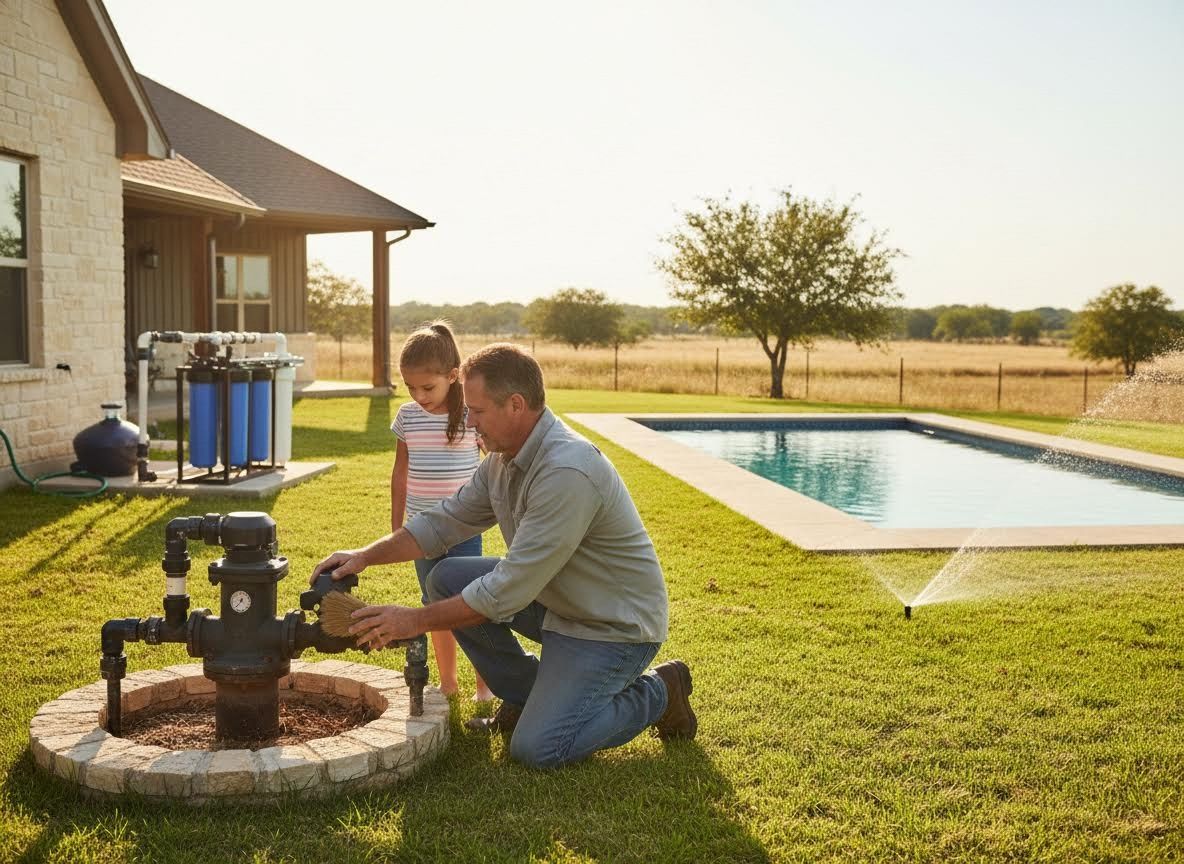 Father and daughter maintaining outdoor water system