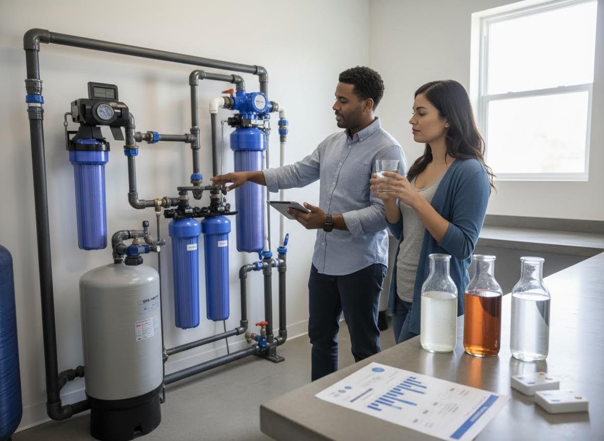 Man explaining water filtration system to woman