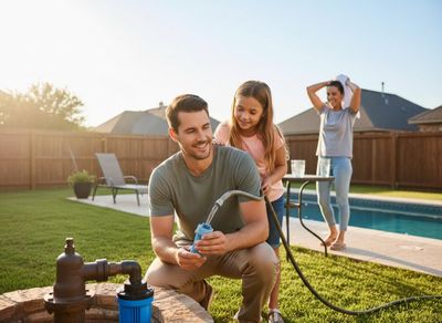 A father and daughter happily fill a blue water filter with a hose in their sunny backyard. A woman dries her hair by the pool. Family Filling Water Filter in Backyard