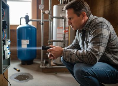 Man inspecting a water leak in a utility room