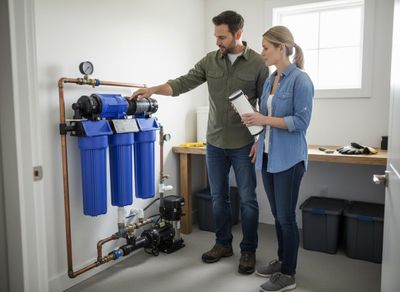 Couple examining a water filtration system in a utility room