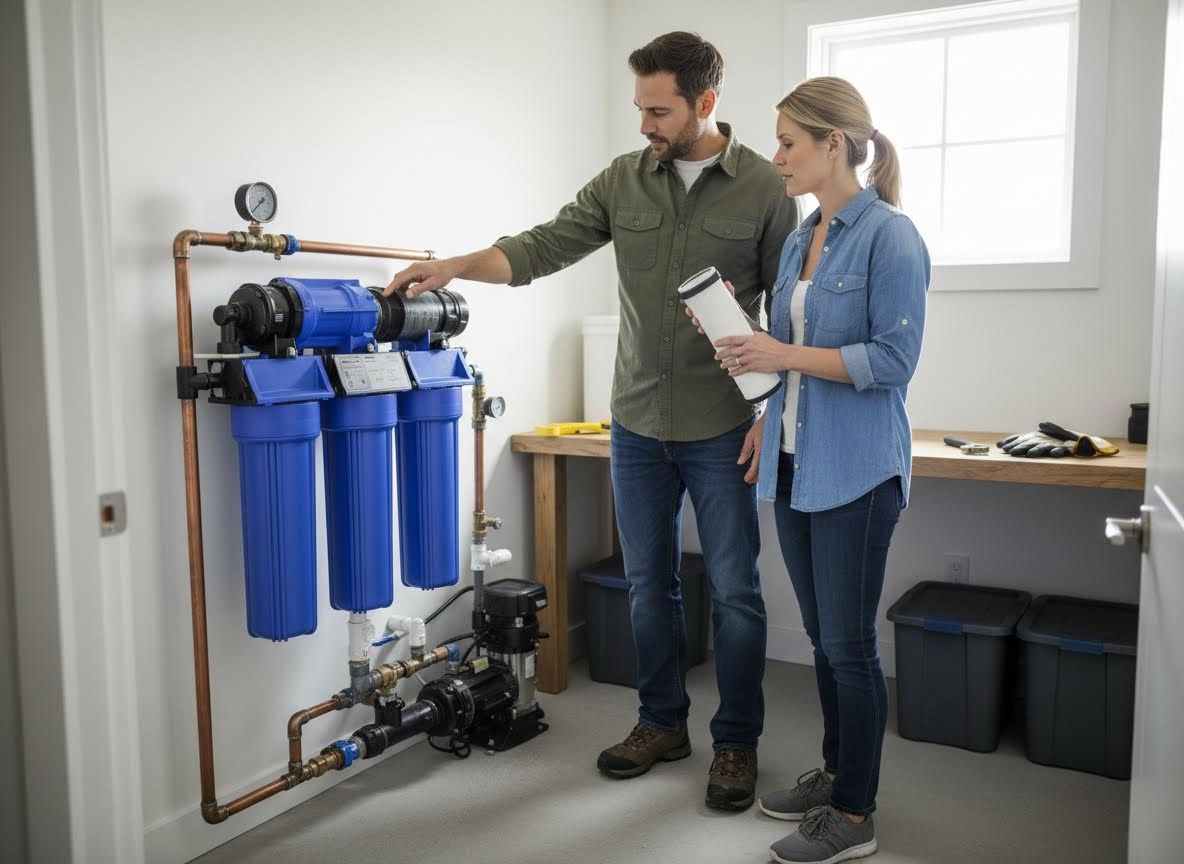 Couple examining a water filtration system in a utility room