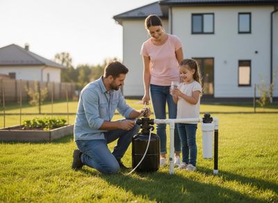 Family installing home water filtration system in backyard