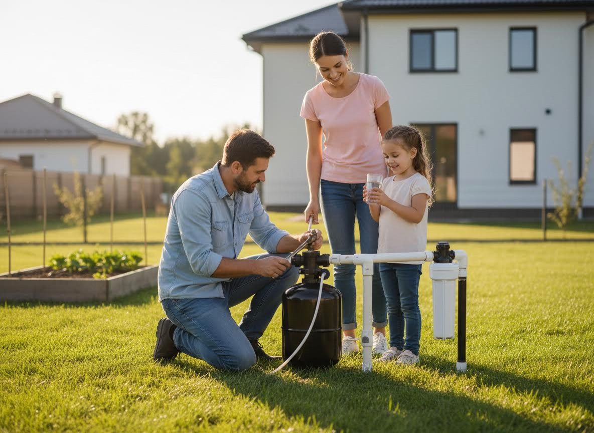Family installing home water filtration system in backyard