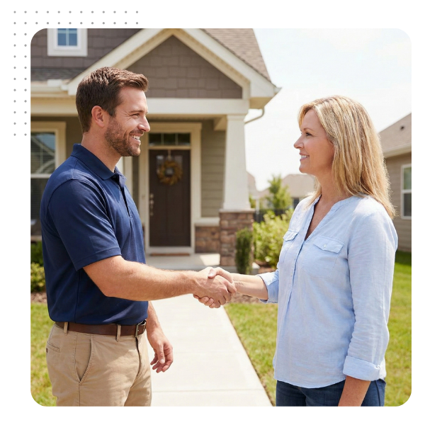 An Elite Moisture Control contractor shaking hands with a satisfied homeowner in front of a modern Charlotte residence.