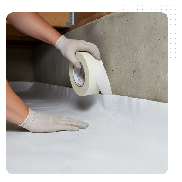 Installing a heavy-duty white crawl space vapor barrier on the ground and foundation wall, secured with professional sealing tape. Installing a heavy-duty white crawl space vapor barrier on the ground and foundation wall, secured with professional sealing tape.