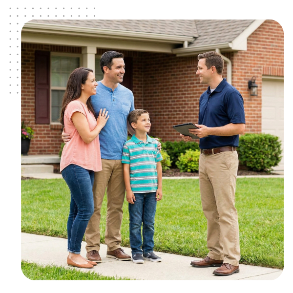 A professional moisture control contractor using a tablet to consult with a Waxhaw family about their home's foundation health.