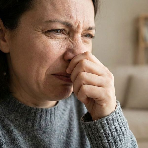 Person reacting to a musty odor in a home living room