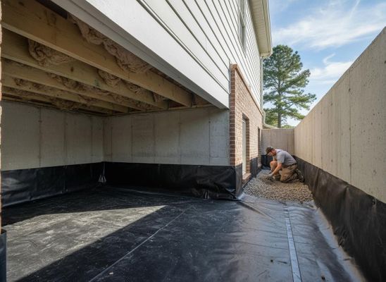 Worker installing drainage and waterproofing in a crawl space