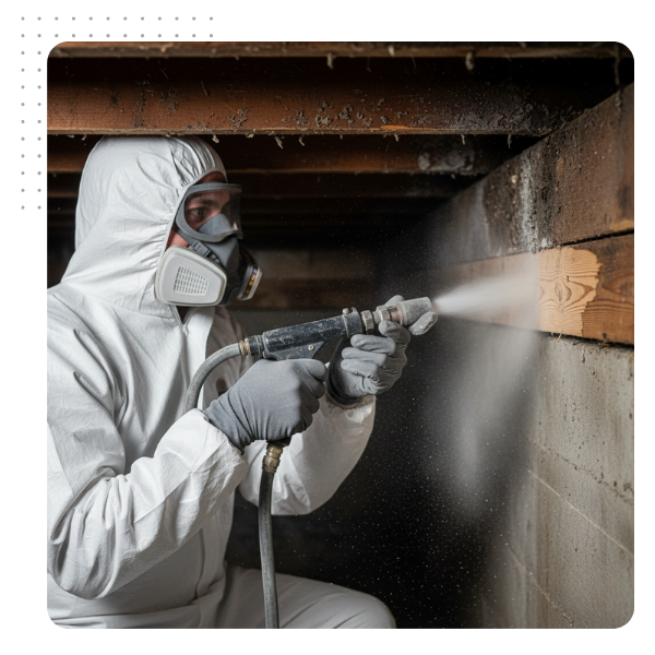 A technician using soda blasting equipment for professional mold removal from structural wood in a home's crawl space. A technician using soda blasting equipment for professional mold removal from structural wood in a home's crawl space.