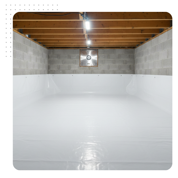 Fully encapsulated, bright, and clean crawl space with a seamless white liner, representing the permanent solution to prevent crawl space mold. Fully encapsulated, bright, and clean crawl space with a seamless white liner, representing the permanent solution to prevent crawl space mold.