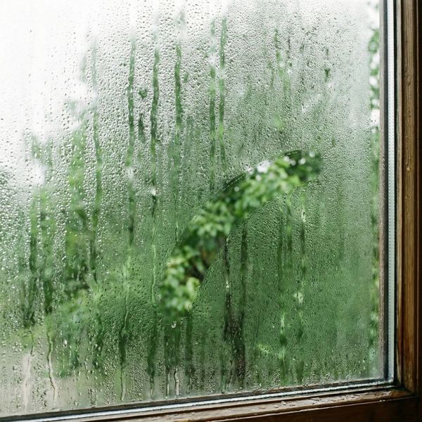 Heavy condensation water droplets on a home window pane