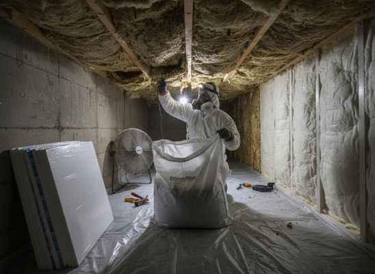 Worker in protective gear installing insulation in a crawl space